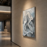 Silver Veil - hand-painted vertical oil painting in a styled interior