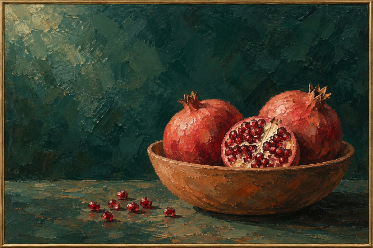 Green Afternoon — red fruit in a wooden bowl against deep green