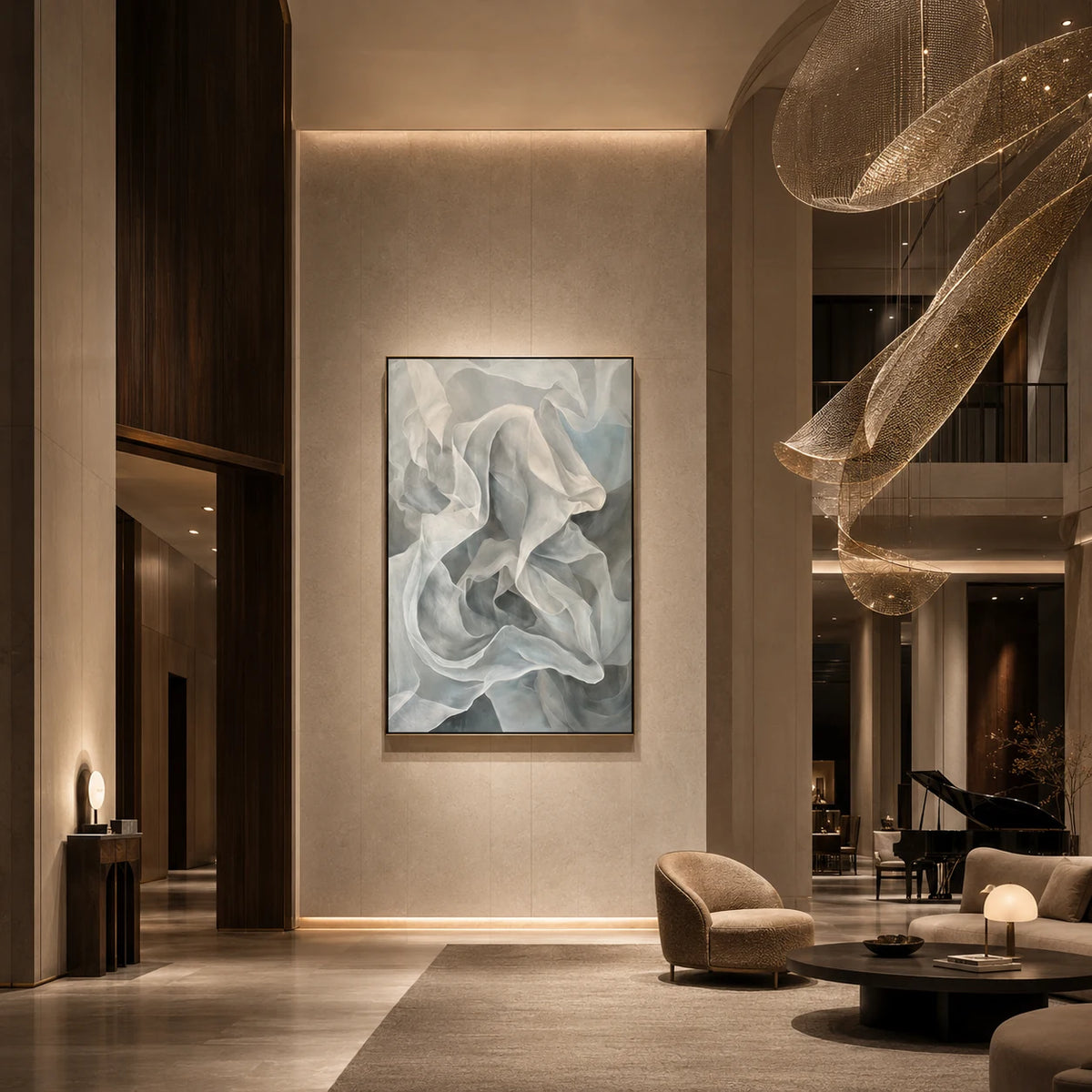 Silver-Blue Folds - hand-painted vertical oil painting in a styled interior