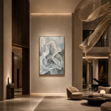 Silver Veil - hand-painted vertical oil painting in a styled interior