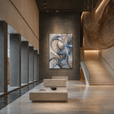 Glasswater Motion - hand-painted vertical oil painting in a styled interior
