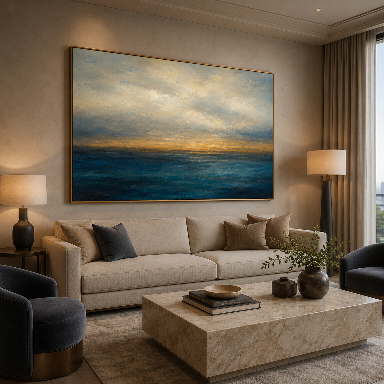 Golden Horizon - hand-painted coastal oil painting on canvas detail 2 by Realoilart