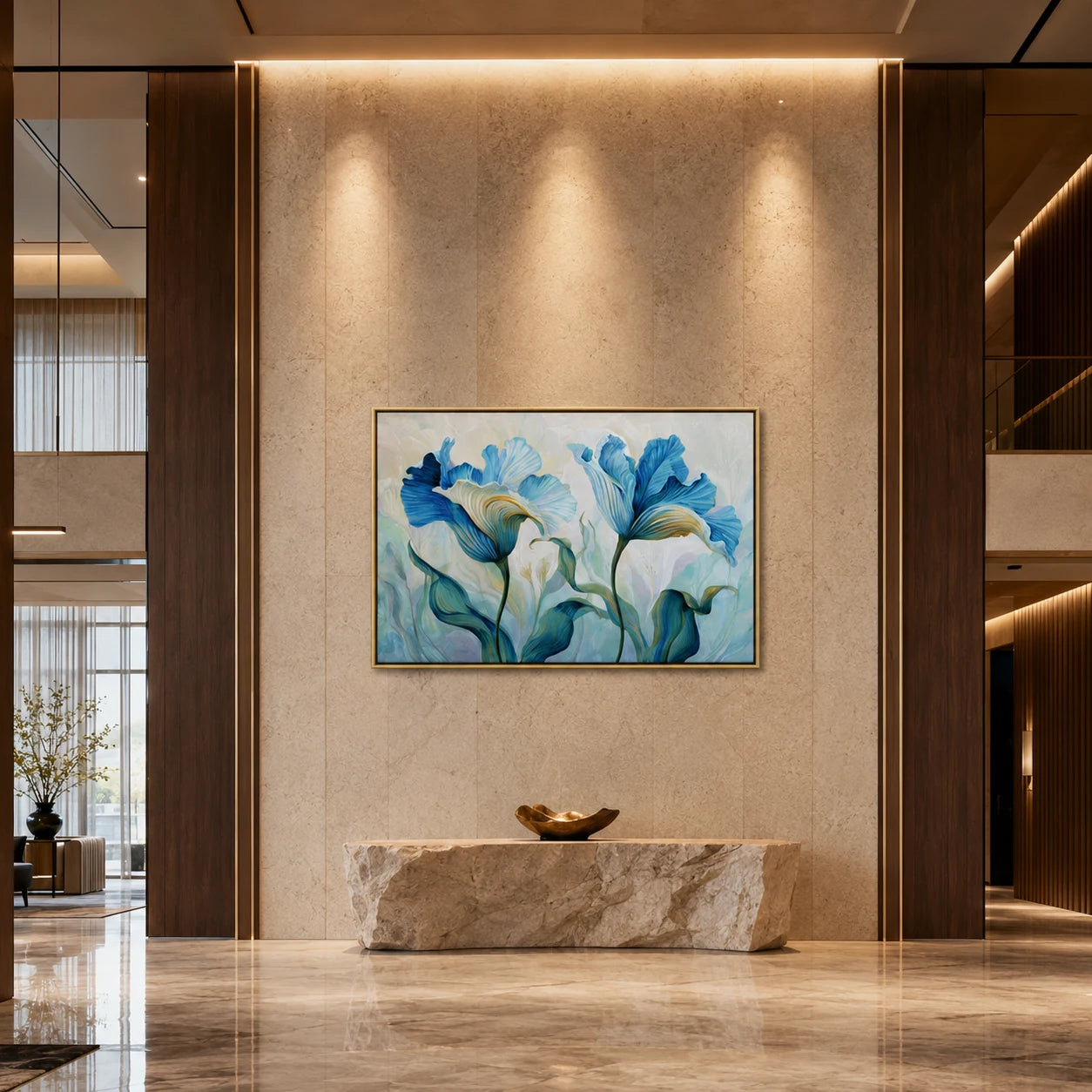 Iris Reverie - hand-painted horizontal oil painting in a styled interior