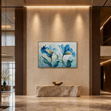 Azure Iris Chorus - hand-painted horizontal oil painting in a styled interior