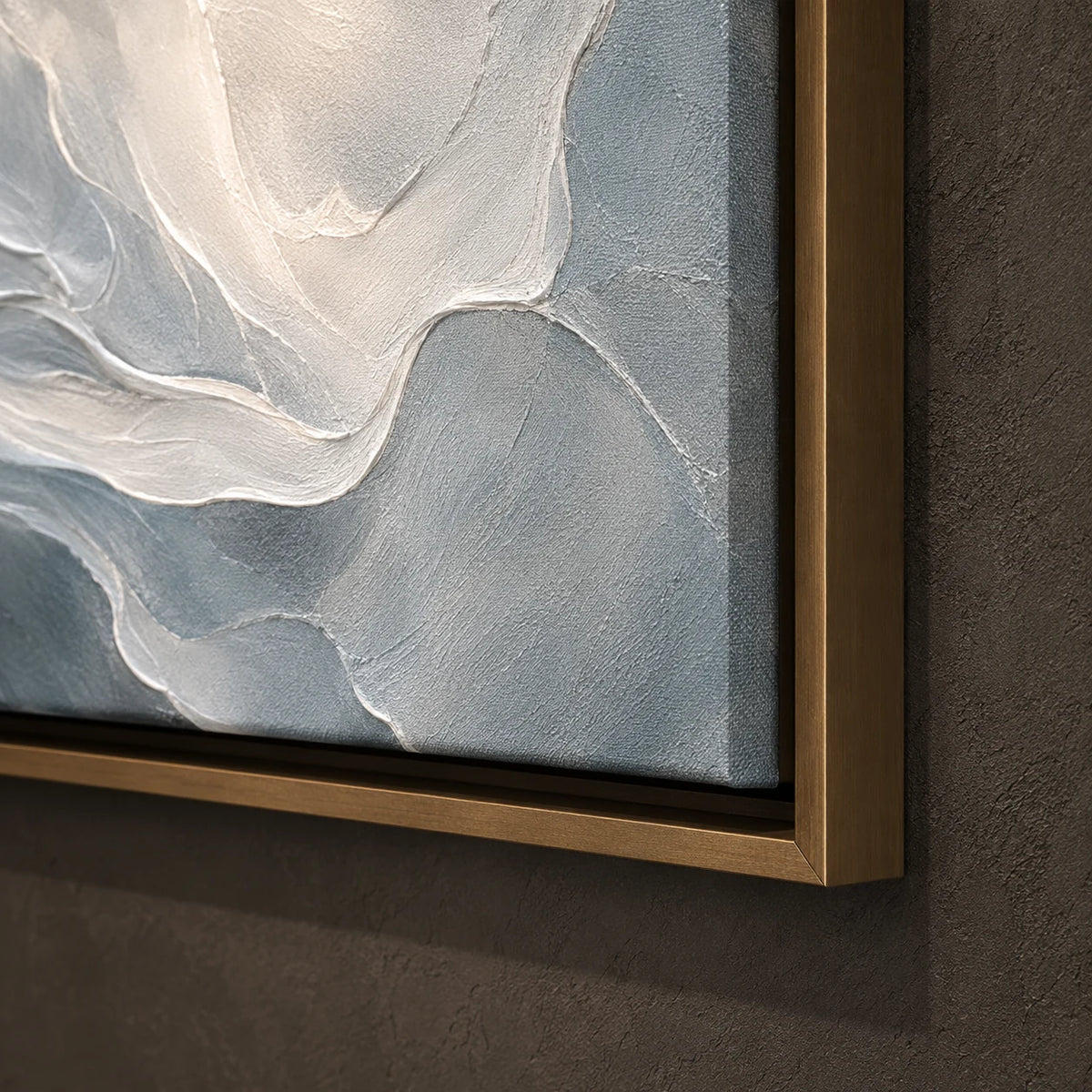 Silver-Blue Folds - hand-painted vertical oil painting in a styled interior