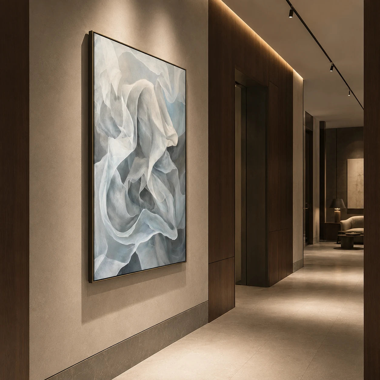 Aether - hand-painted vertical oil painting in a styled interior