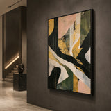 Verdant Interlace - hand-painted vertical oil painting in a styled interior
