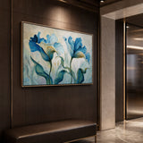Azure Iris Chorus - hand-painted horizontal oil painting in a styled interior