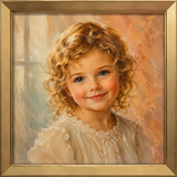 Custom child portrait oil painting from photo, hand-painted curly-haired girl in ornate gold frame