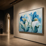Azure Iris Chorus - hand-painted horizontal oil painting in a styled interior