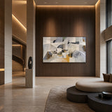 Ochre Geometry - hand-painted abstract oil painting in a styled interior