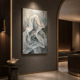 Silver Veil - hand-painted vertical oil painting in a styled interior