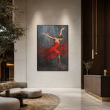 Arabesque - front view of a vertical red dancer painting