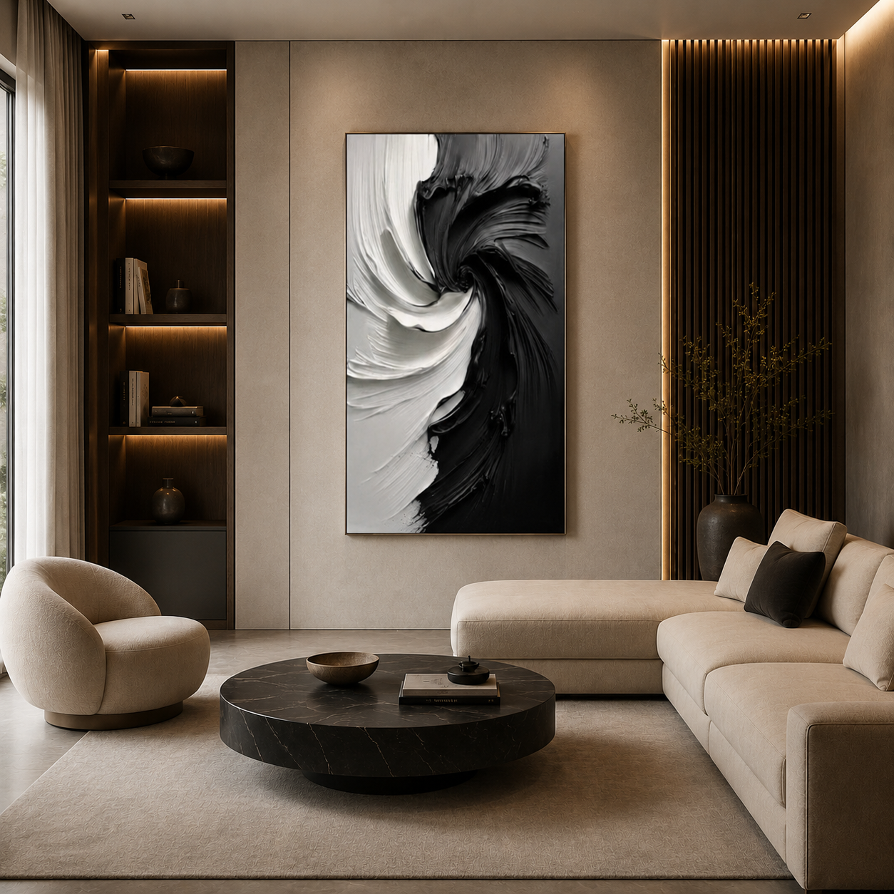 Monochrome Swirl - hand-painted abstract oil painting on canvas detail 2 by Realoilart