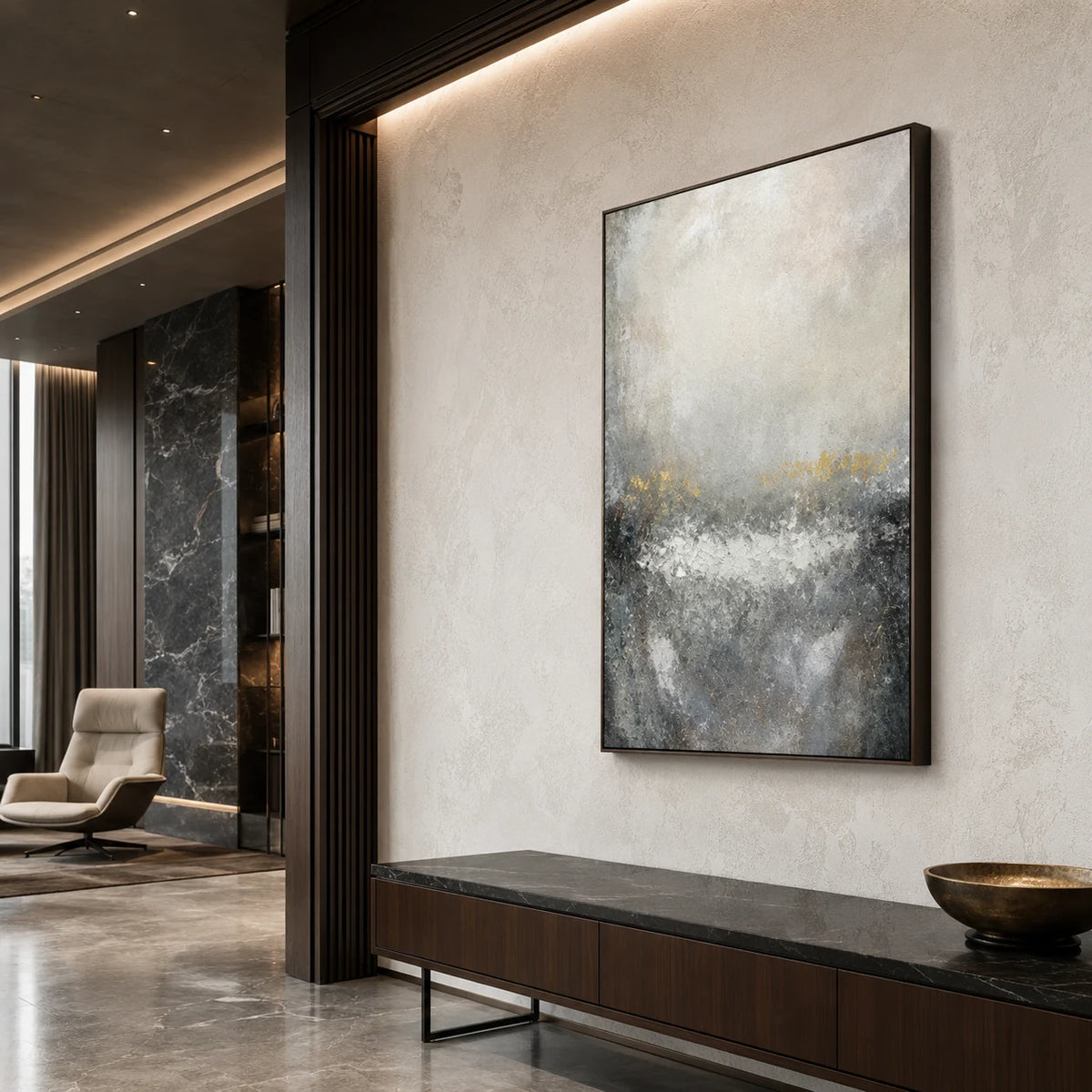 Silver Rising - hand-painted abstract oil painting in a styled interior