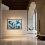 Azure Iris Chorus - hand-painted horizontal oil painting in a styled interior