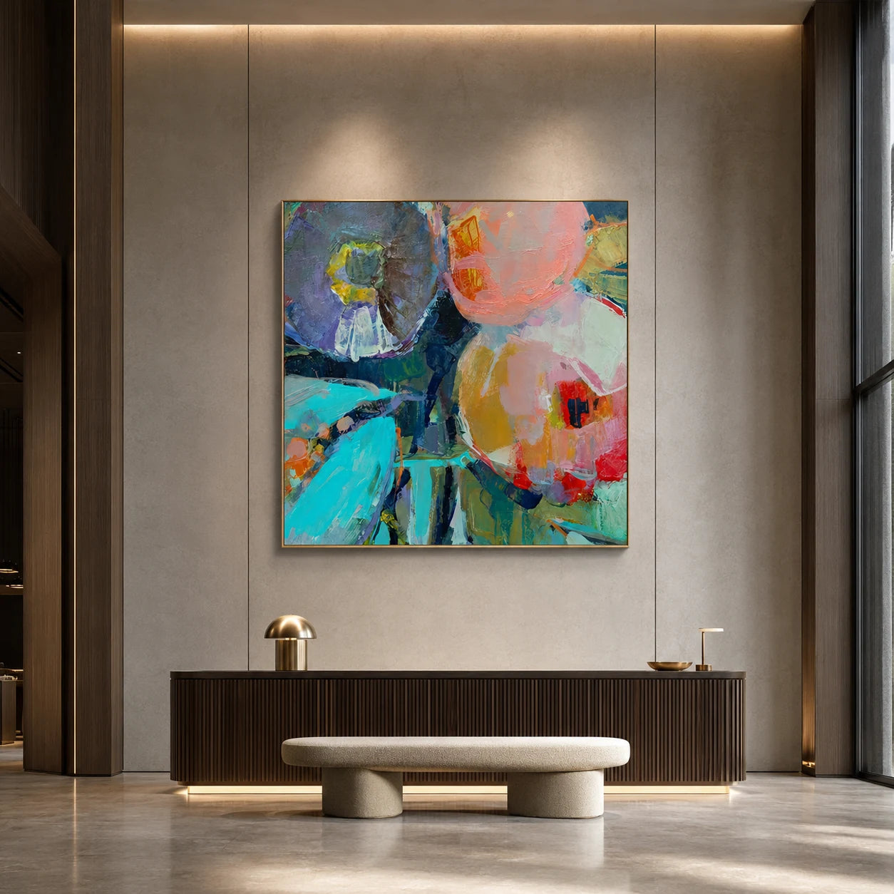 Confluence - front view of a colorful square abstract painting
