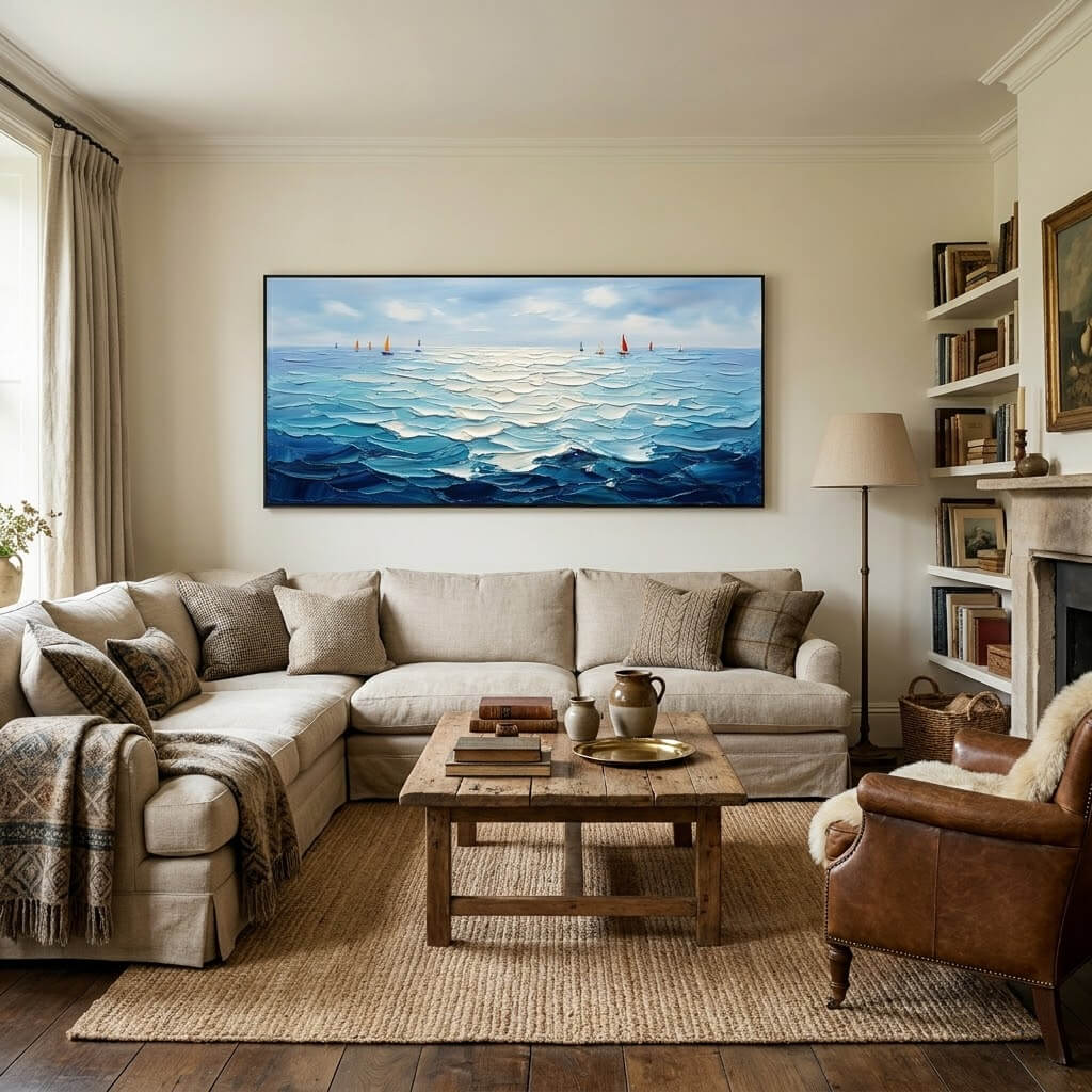 Sailboats at Dawn - hand-painted coastal oil painting on canvas detail 2 by Realoilart