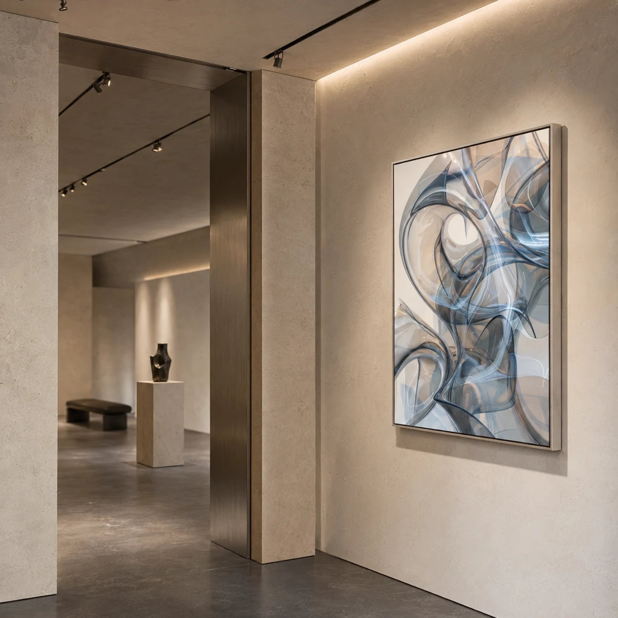 Lucent Fold - hand-painted vertical oil painting in a styled interior