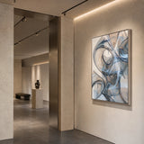 Glasswater Motion - hand-painted vertical oil painting in a styled interior