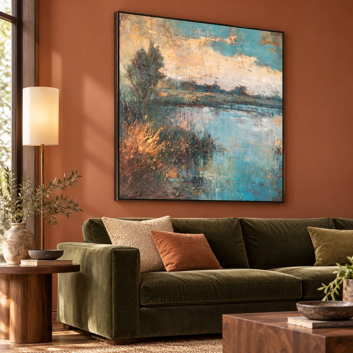 Amber Waterline, pale aqua pond with a dark left tree and amber grasses; left view in a terracotta living room.