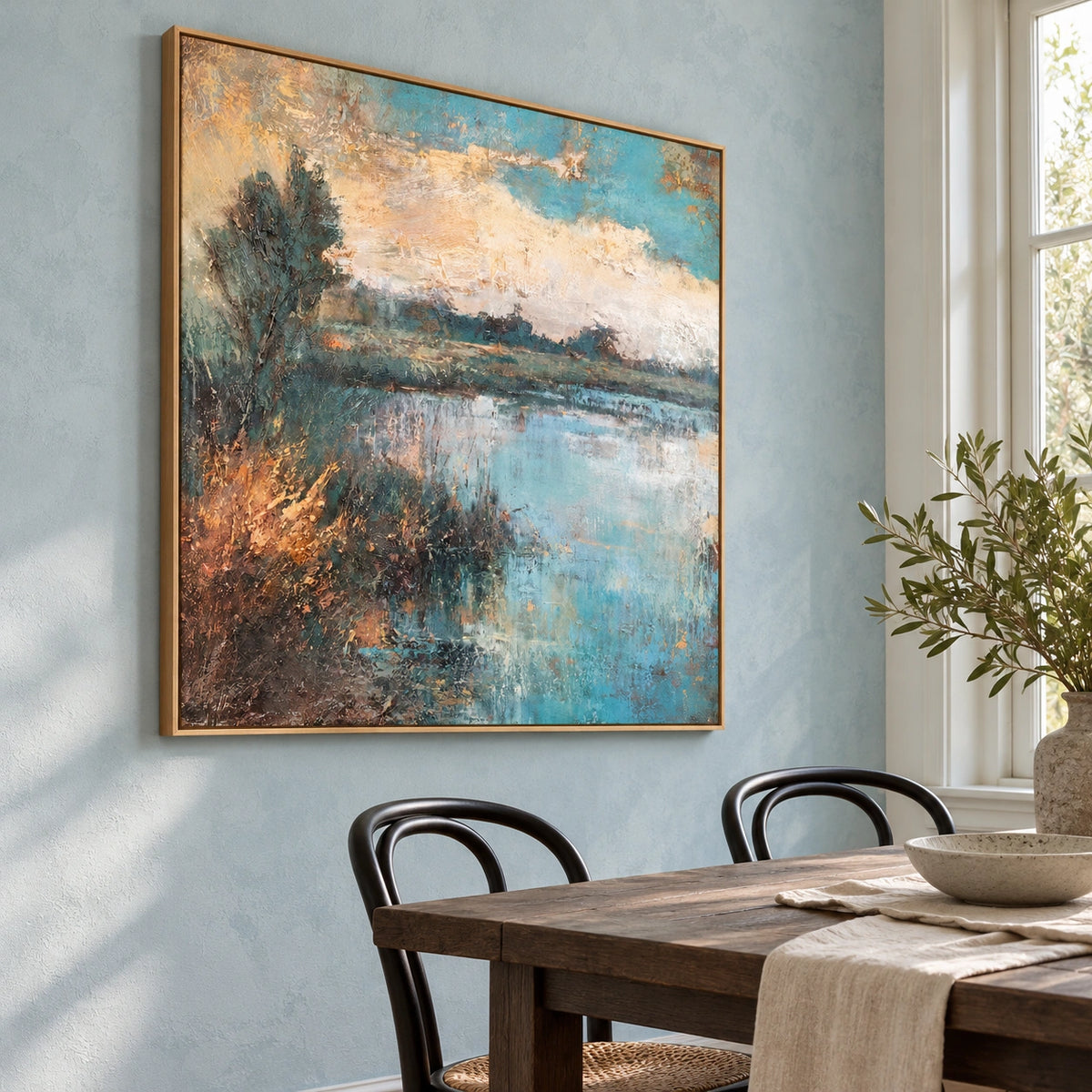 Amber Waterline, pale aqua pond with a dark left tree and amber grasses; left view in a pale blue dining nook.