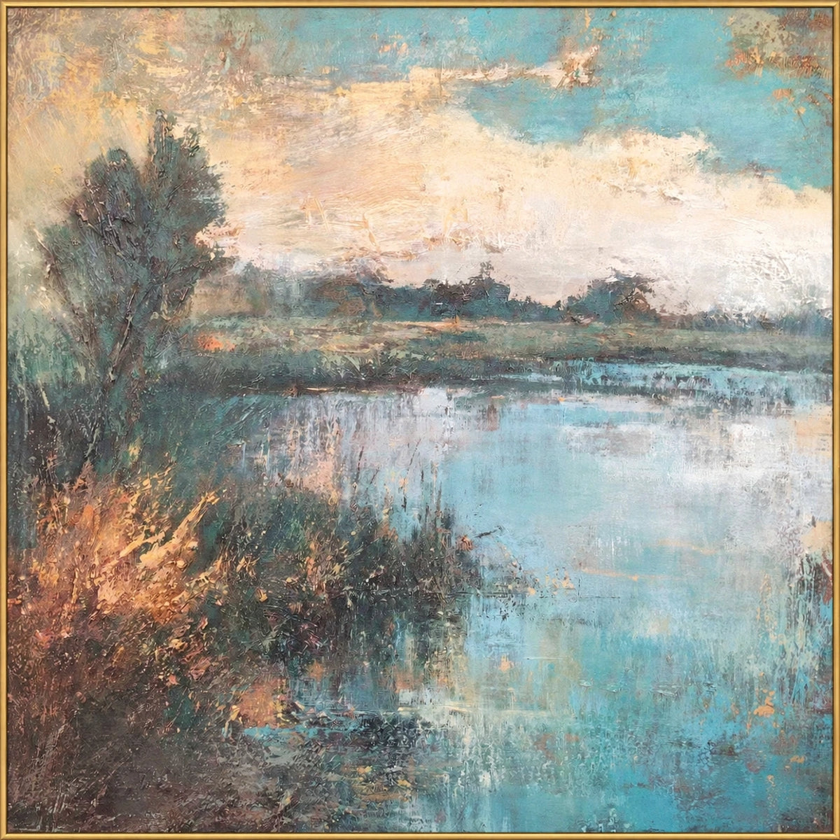 Amber Waterline, pale aqua pond with a dark left tree and amber grasses; frontal painting in a narrow champagne-gold frame.
