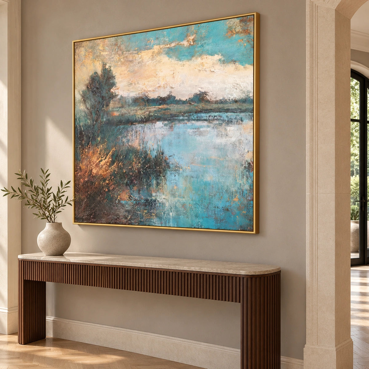 Amber Waterline, pale aqua pond with a dark left tree and amber grasses; right view above a fluted entry console.