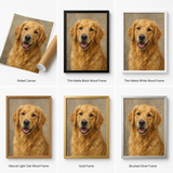 Six frame style options for custom oil paintings: rolled canvas, black, white, oak, gold, silver
