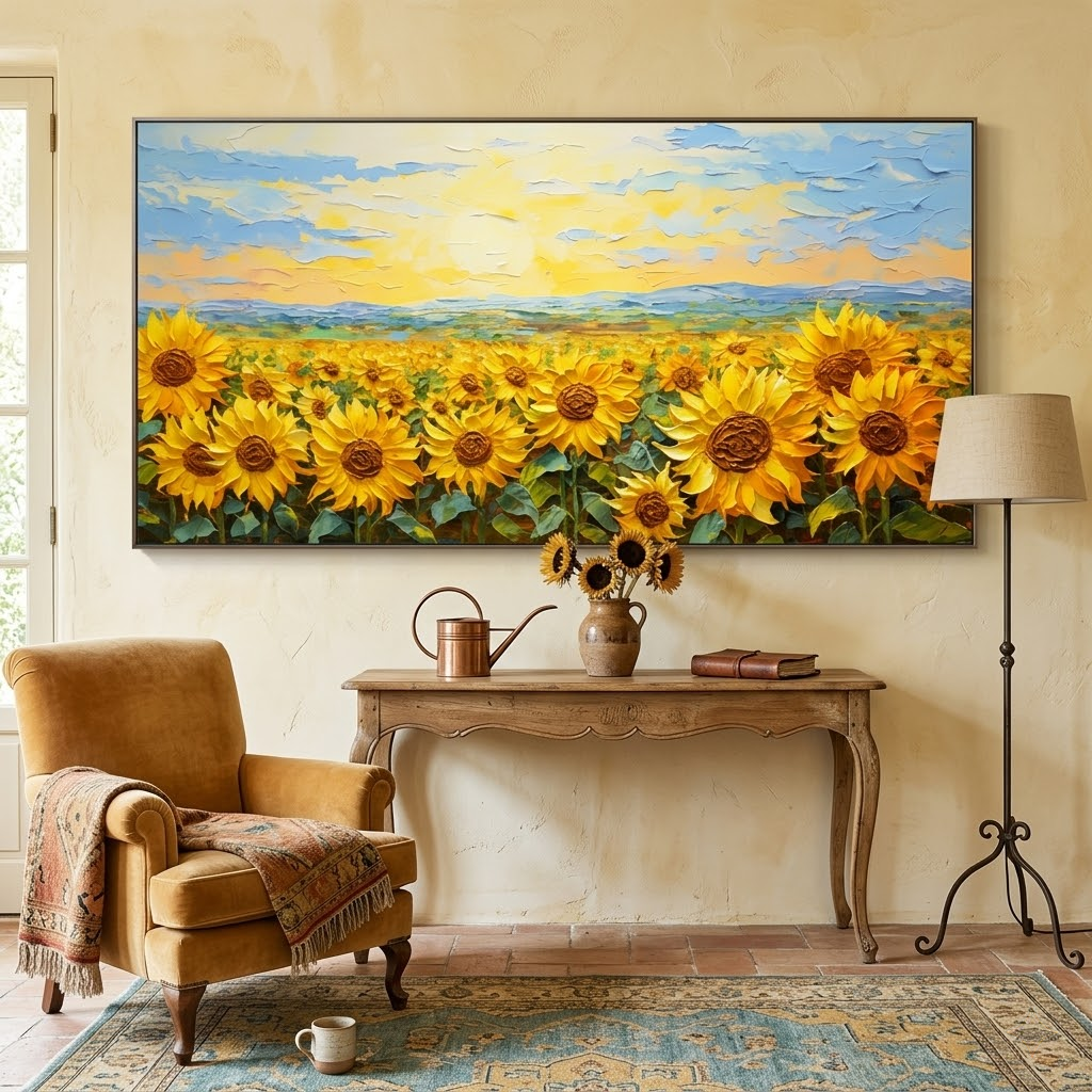 Sunlit Fields - hand-painted landscape oil painting on canvas by Realoilart