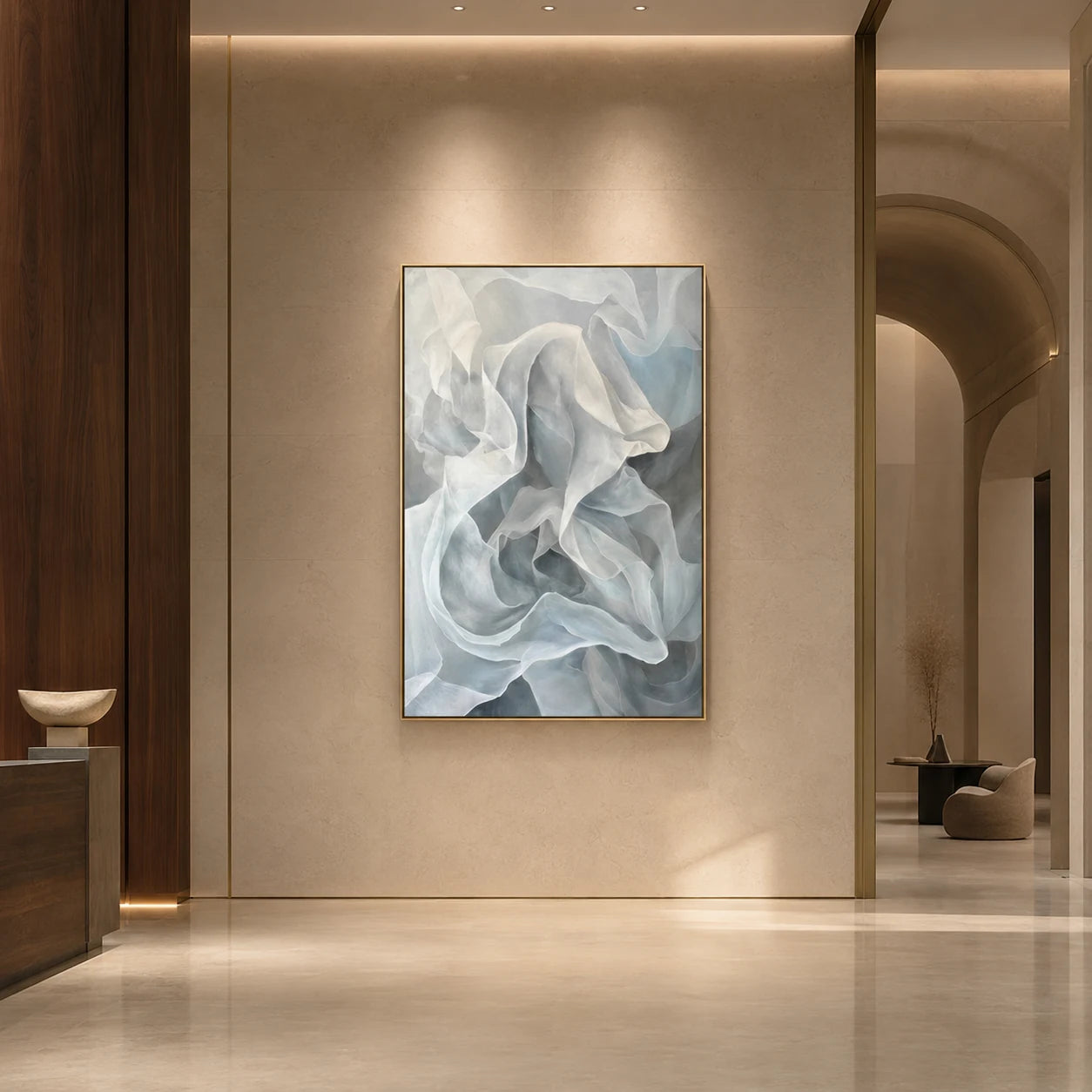 Aether - hand-painted vertical oil painting in a styled interior
