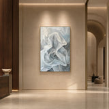 Silver Veil - hand-painted vertical oil painting in a styled interior