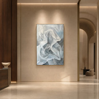 Silver Veil - hand-painted vertical oil painting in a styled interior