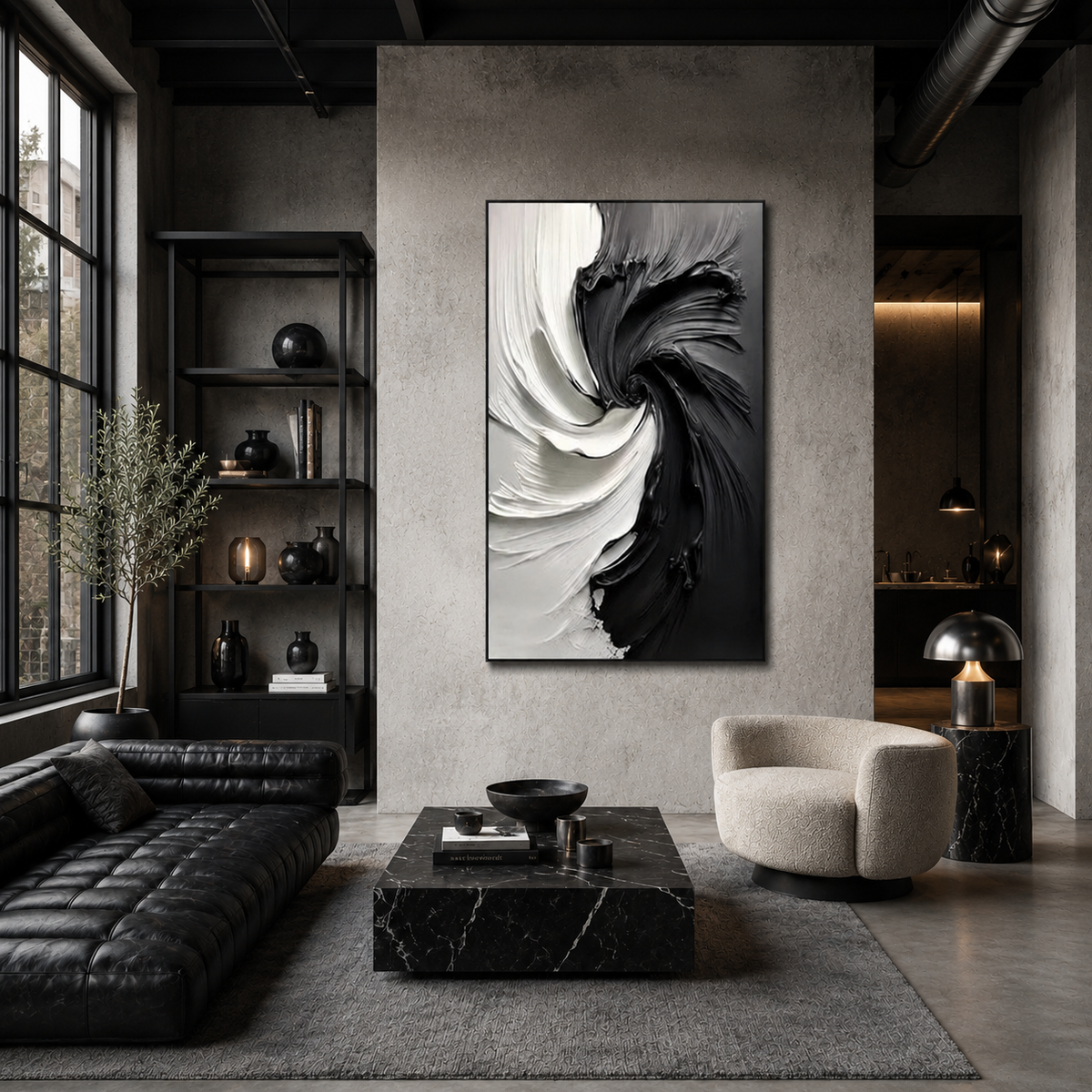 Monochrome Swirl - hand-painted abstract oil painting on canvas detail 5 by Realoilart