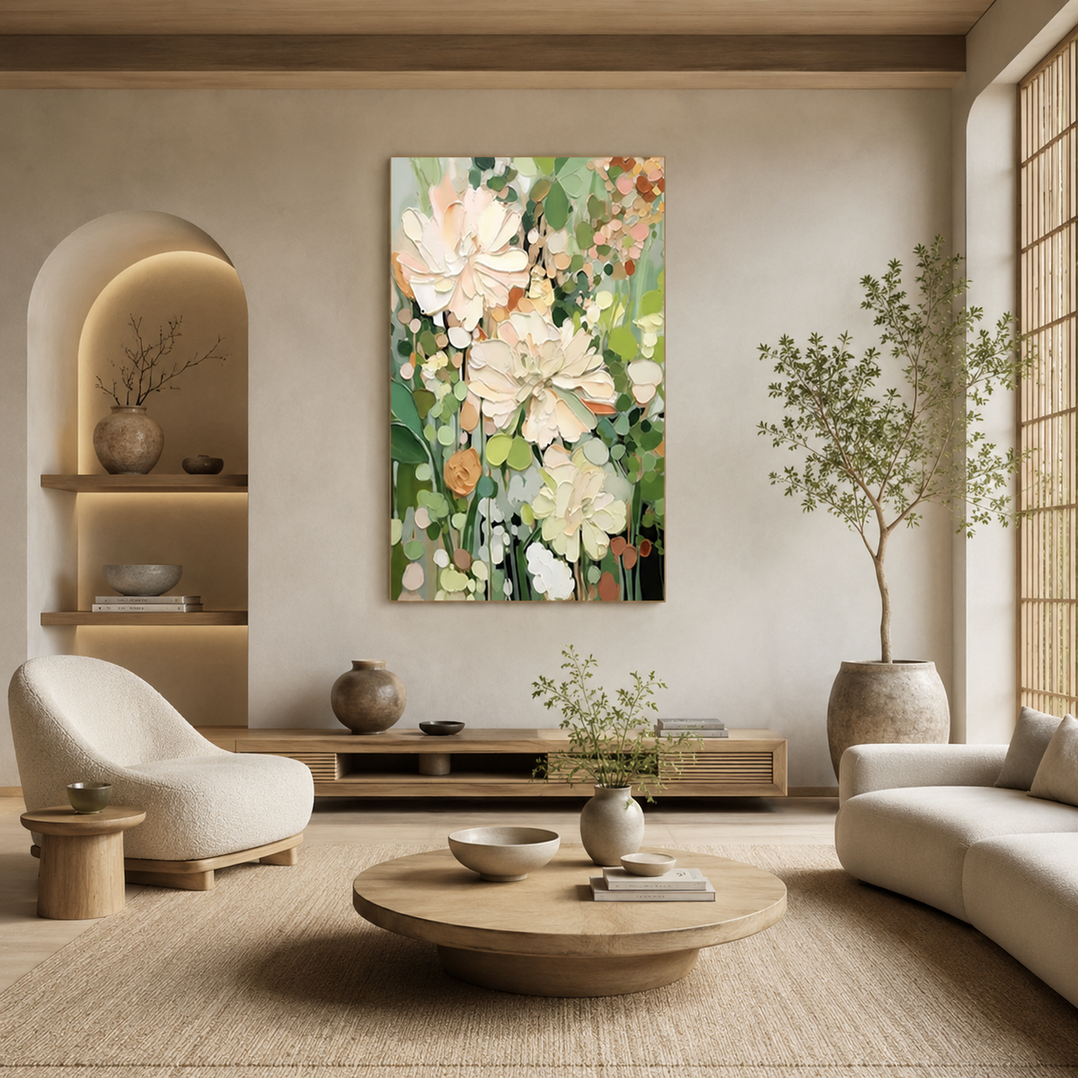 Garden in Cream - hand-painted floral oil painting on canvas detail 4 by Realoilart
