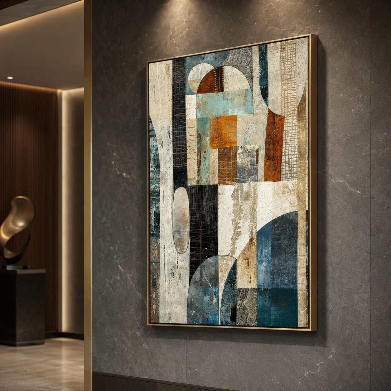 Palimpsest - hand-painted vertical oil painting in a styled interior