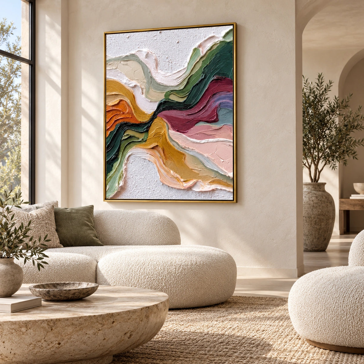 Chromatic Drift relief painting displayed in an interior