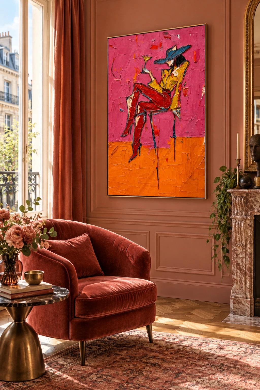 Pink Hour woman with cocktail displayed in a distinct interior
