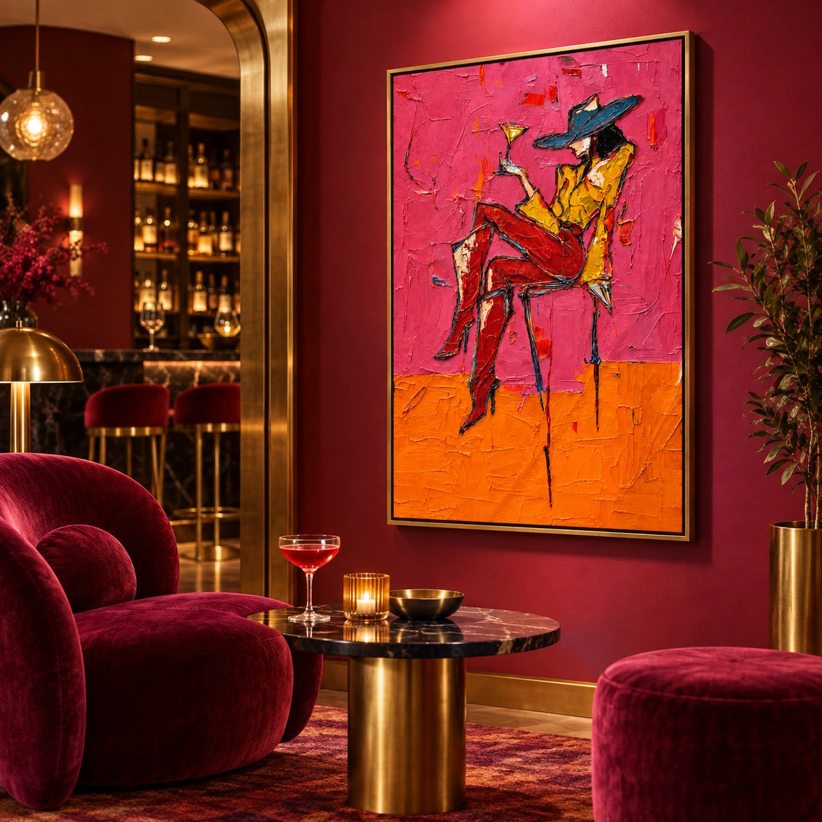 Pink Hour woman with cocktail displayed in a distinct interior