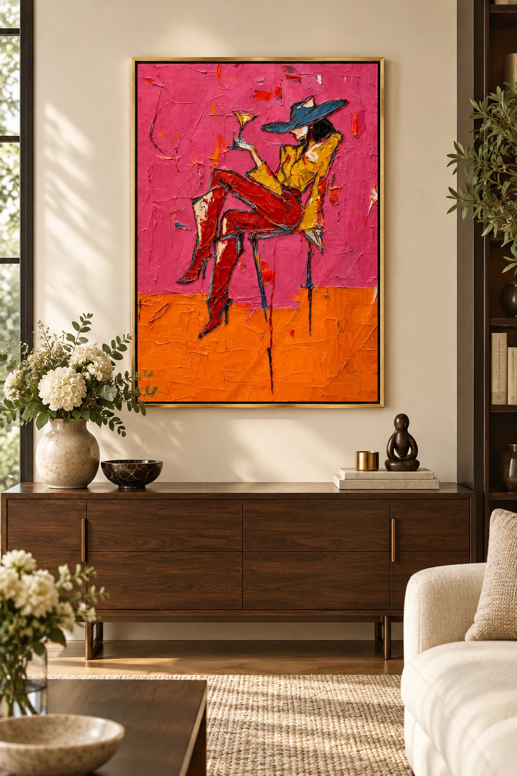 Pink Hour woman with cocktail displayed in a distinct interior