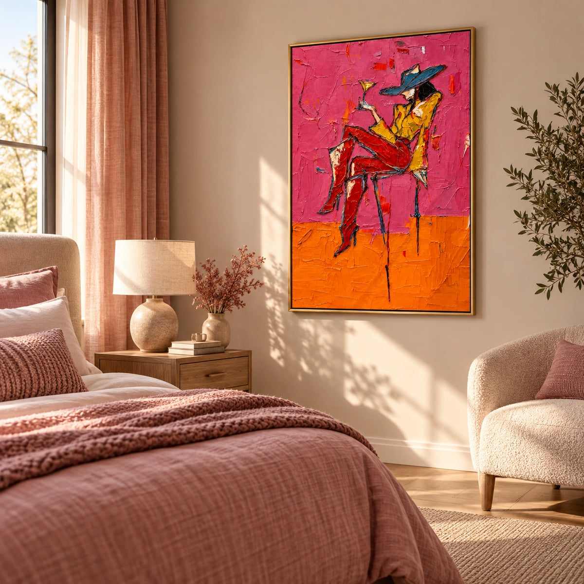 Pink Hour woman with cocktail displayed in a distinct interior