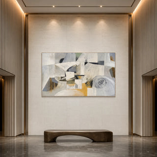 Ochre Geometry - hand-painted abstract oil painting in a styled interior