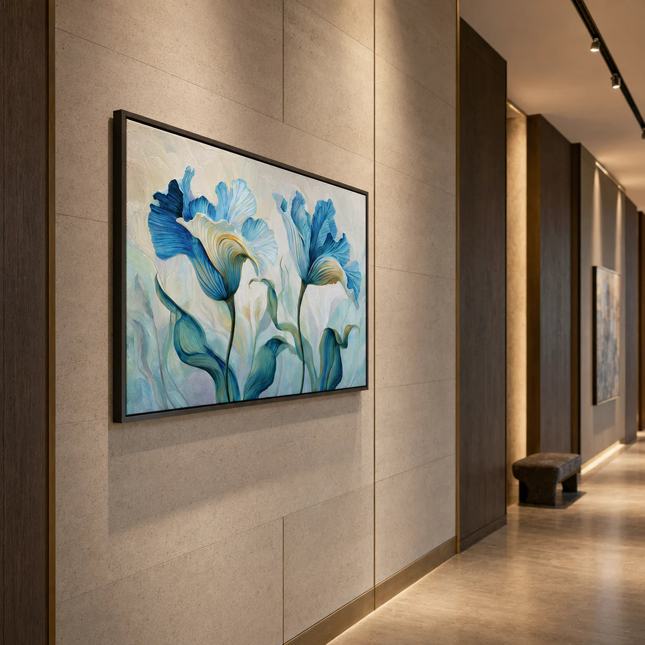 Iris Reverie - hand-painted horizontal oil painting in a styled interior