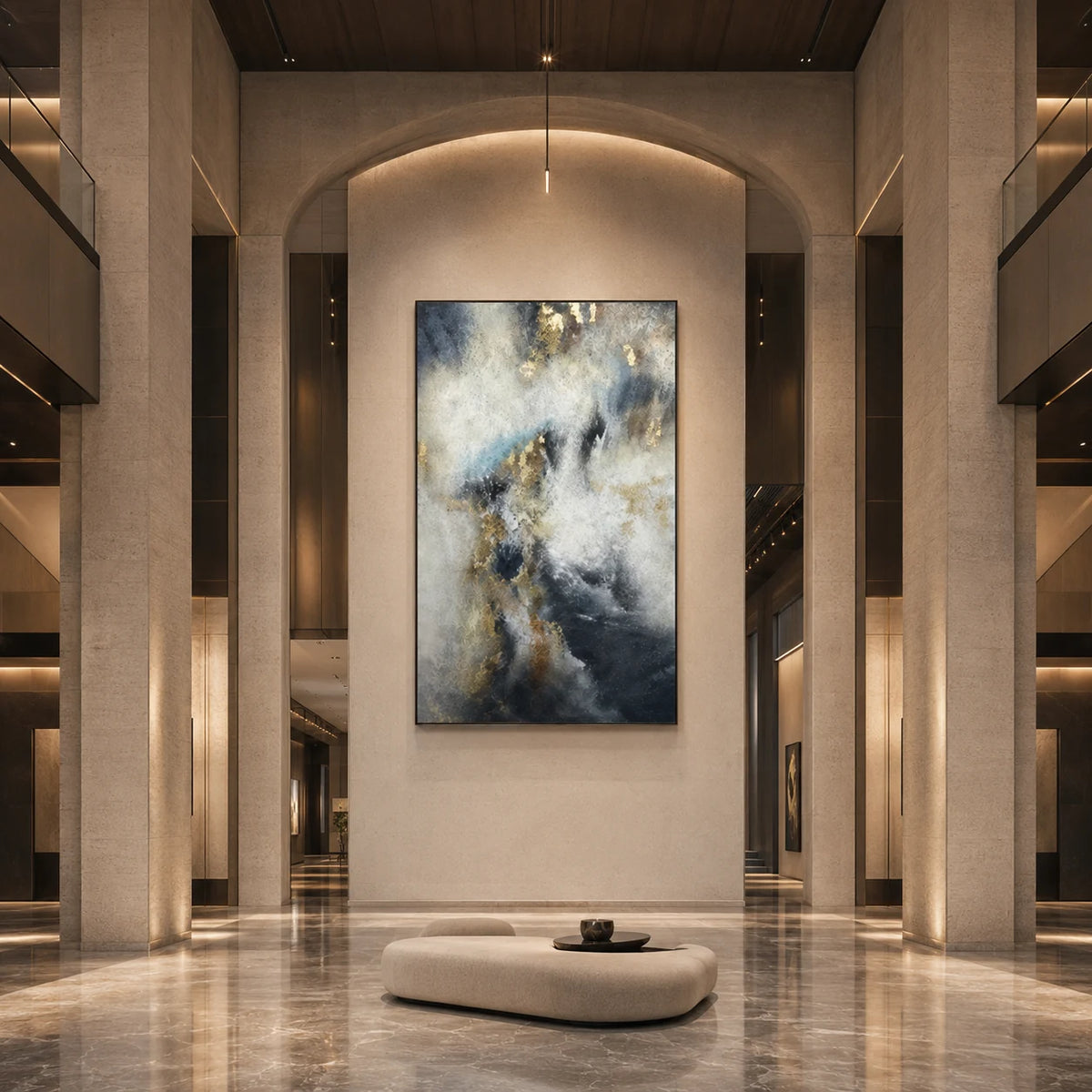 Gilded Fog - hand-painted abstract oil painting in a styled interior