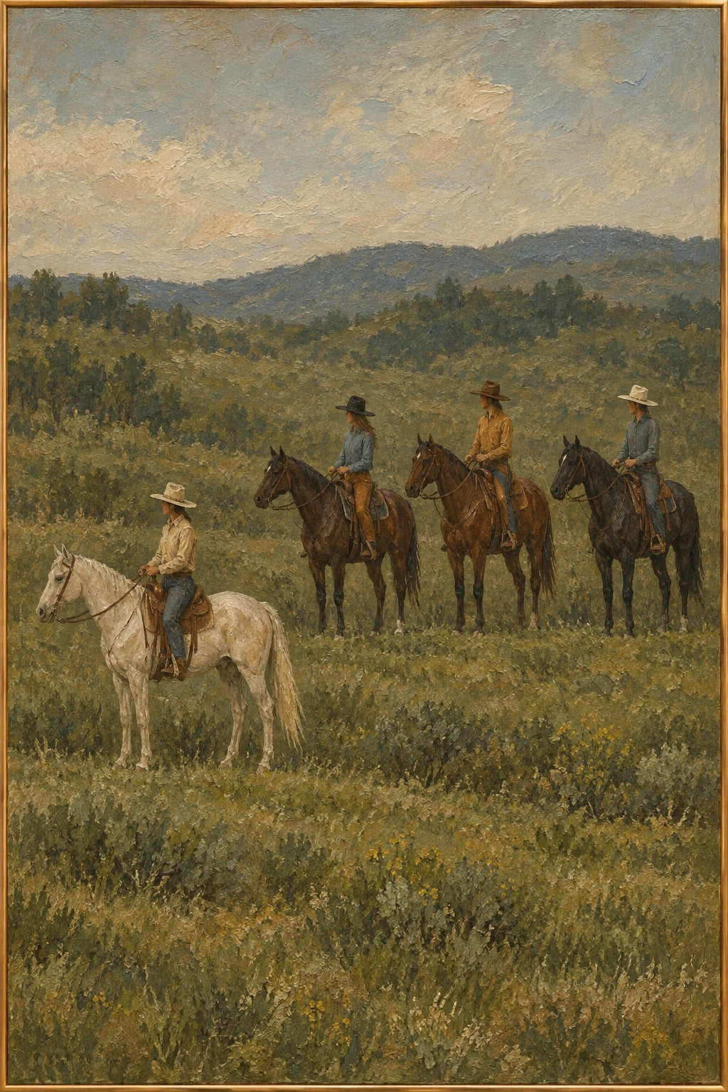 Country Quartet — Equestrian oil painting