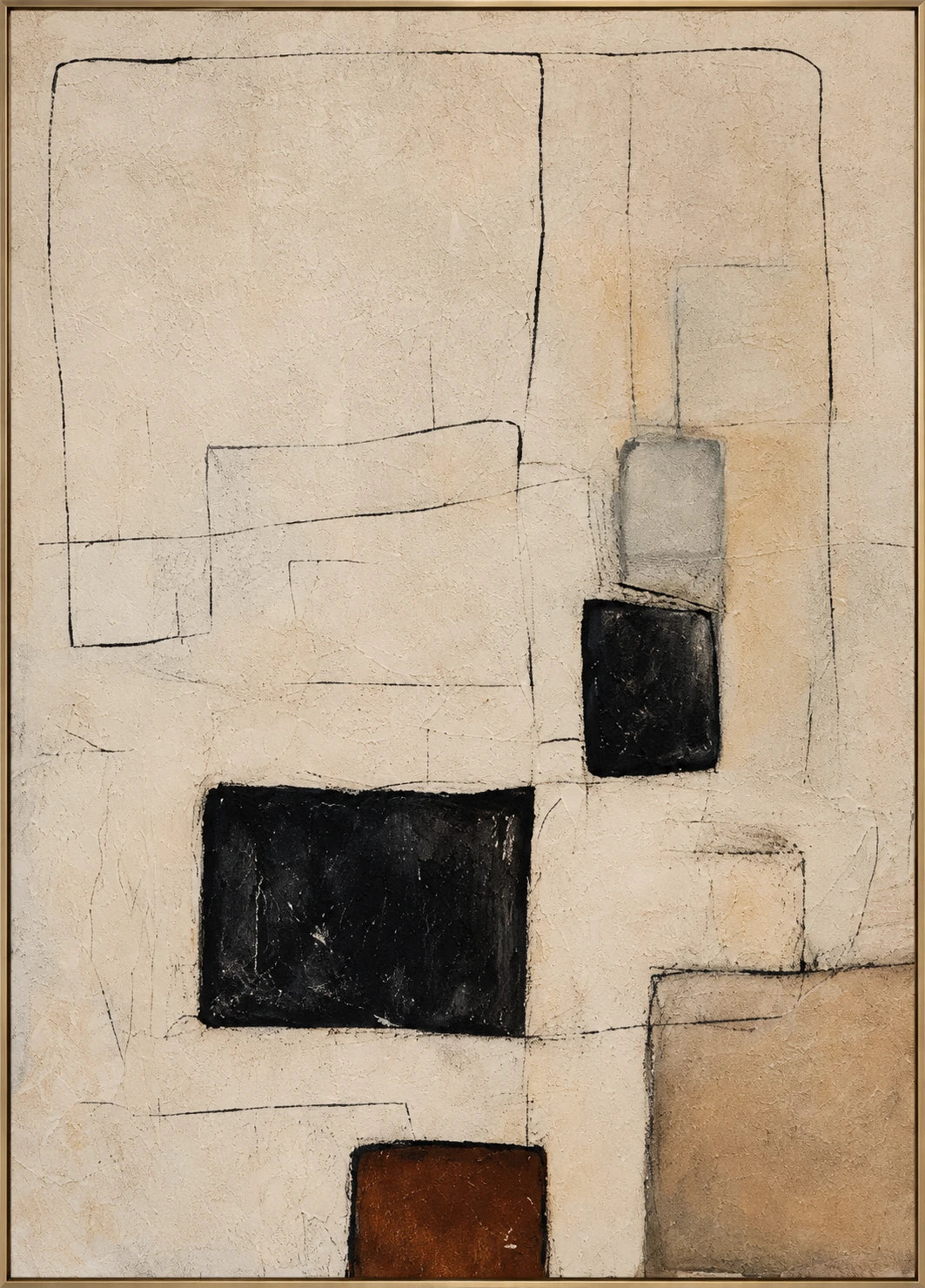 Neutral Blueprint — front view of the hand-painted beige, black and brown abstract oil painting in a narrow champagne-gold frame