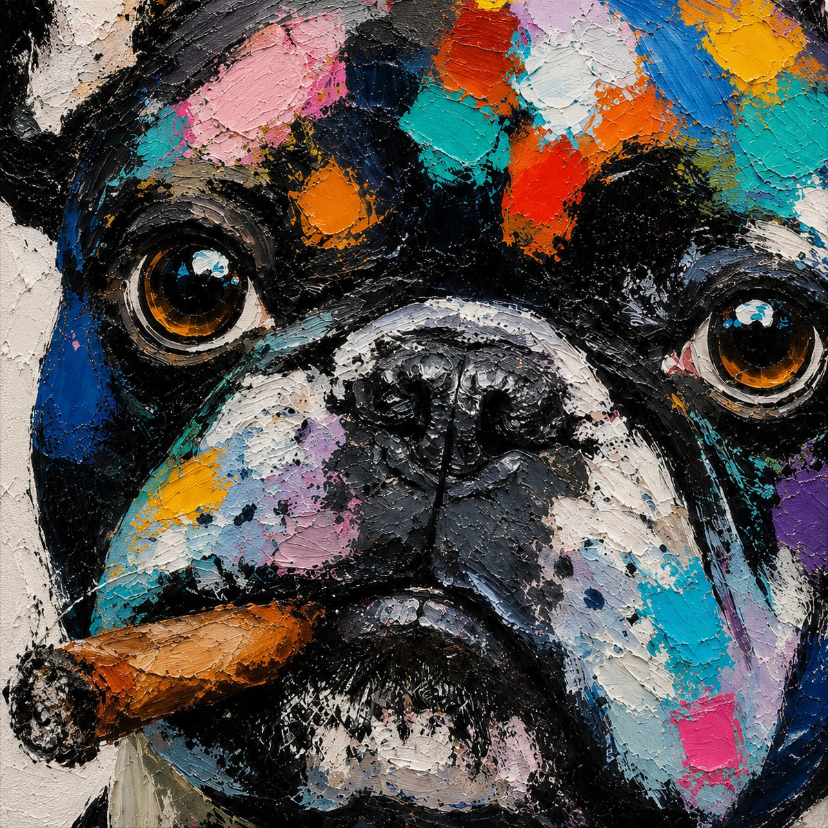 Patchwork Bulldog - hand-painted pet portrait oil painting on canvas detail 6 by Realoilart