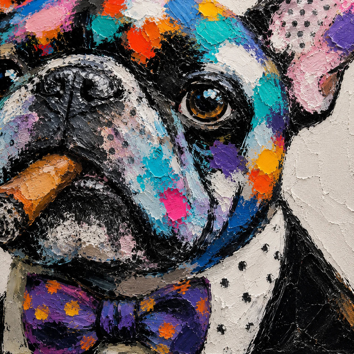 Patchwork Bulldog - hand-painted pet portrait oil painting on canvas detail 7 by Realoilart