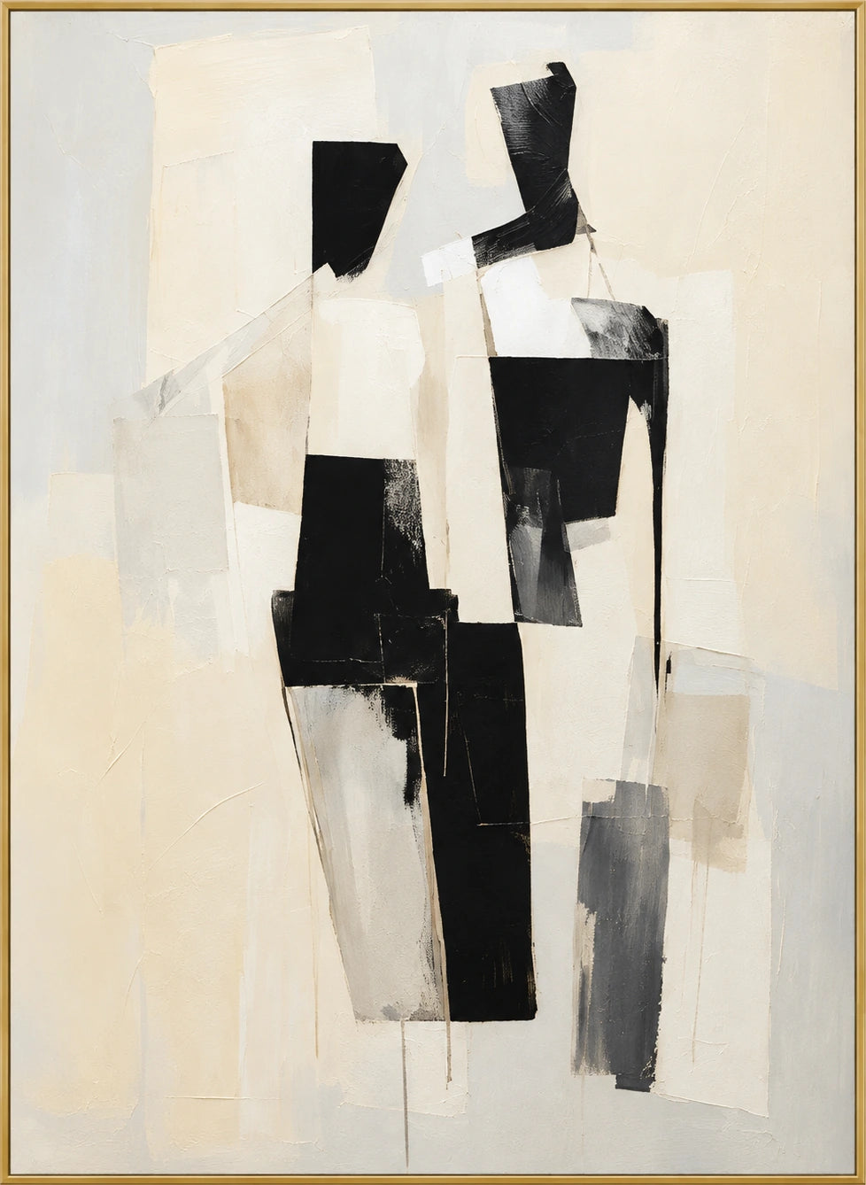 Ivory Balance | Hand-Painted Abstract Oil Painting | Complete artwork front view with narrow champagne gold fine frame
