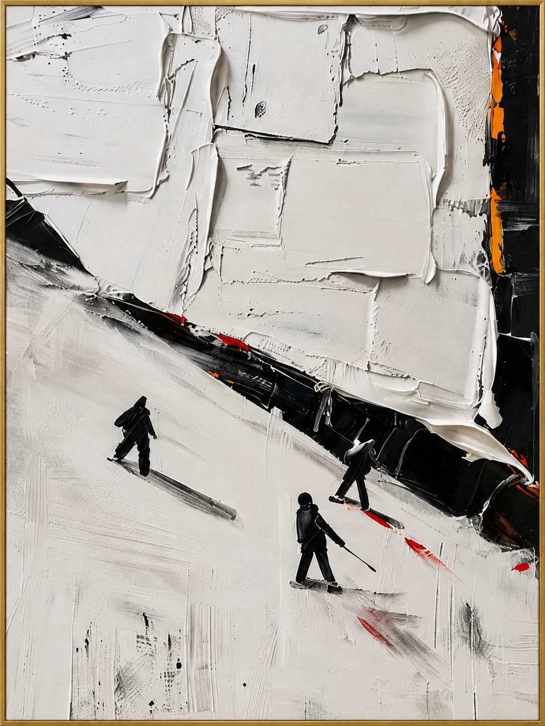 Snowfield Figures | Hand-Painted Winter Landscape Oil Painting | Complete artwork front view with narrow champagne gold fine frame